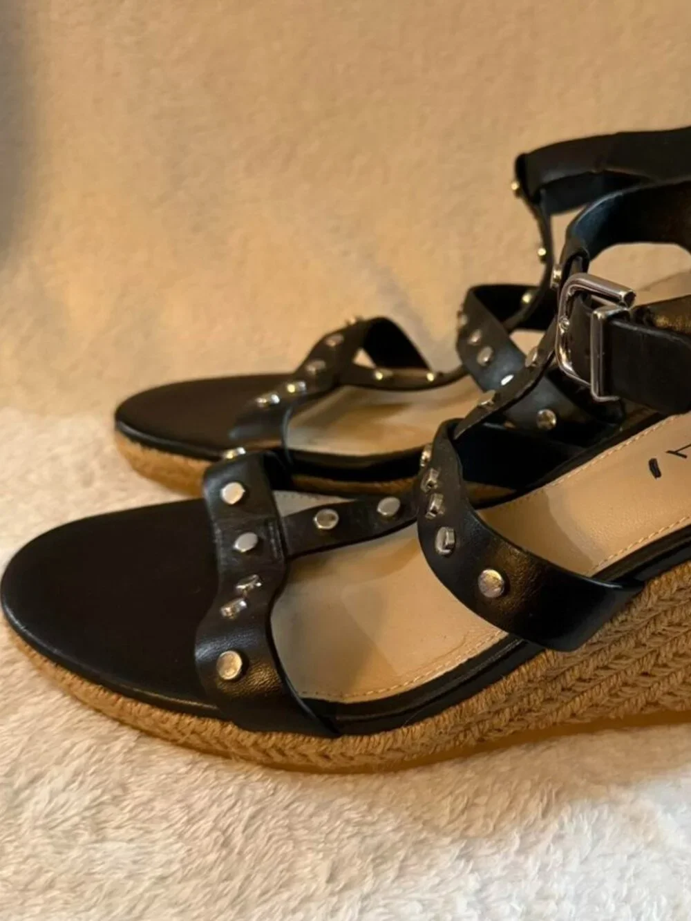 Via Spiga Black Wedges with Silver Studs Straps Buckle Women’s Size 8M